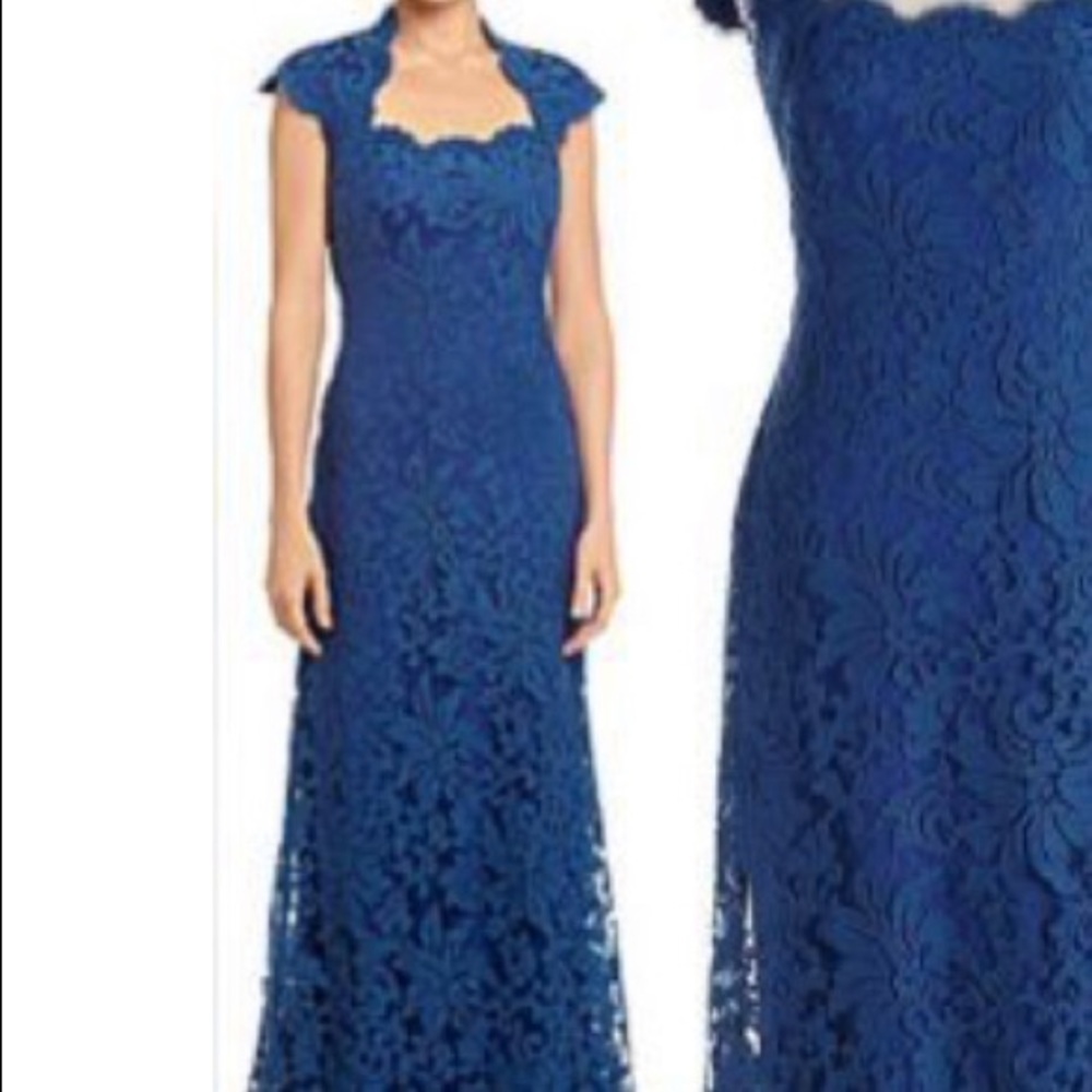 Tadashi Shoji steel blue long lace dress